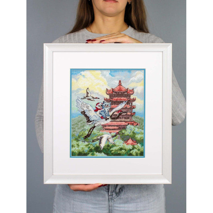 Cross Stitch Kit MP Studia Air Travel SNV-1016 cat traveling on a crane