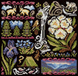 Kit de punto de cruz MP Studia SNV-1030 Sampler Twilight in the Mountains con flores, pájaros, árboles, paisaje de montaña y motivos decorativos sobre tela negra.