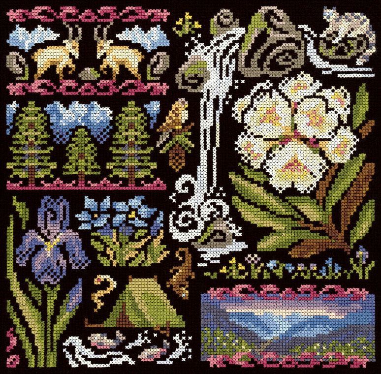 Kit de punto de cruz MP Studia SNV-1030 Sampler Twilight in the Mountains con flores, pájaros, árboles, paisaje de montaña y motivos decorativos sobre tela negra.