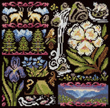 Kit de punto de cruz MP Studia SNV-1030 Sampler Twilight in the Mountains con flores, pájaros, árboles, paisaje de montaña y motivos decorativos sobre tela negra.