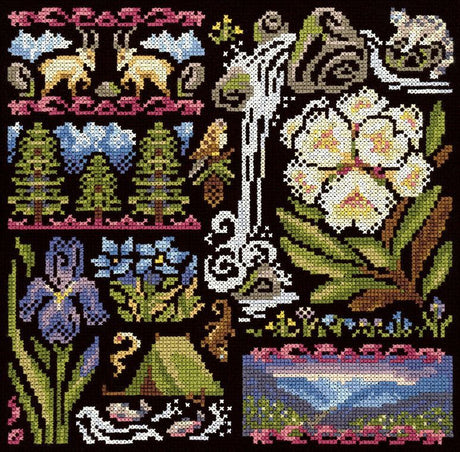 Kit de punto de cruz MP Studia SNV-1030 Sampler Twilight in the Mountains con flores, pájaros, árboles, paisaje de montaña y motivos decorativos sobre tela negra.