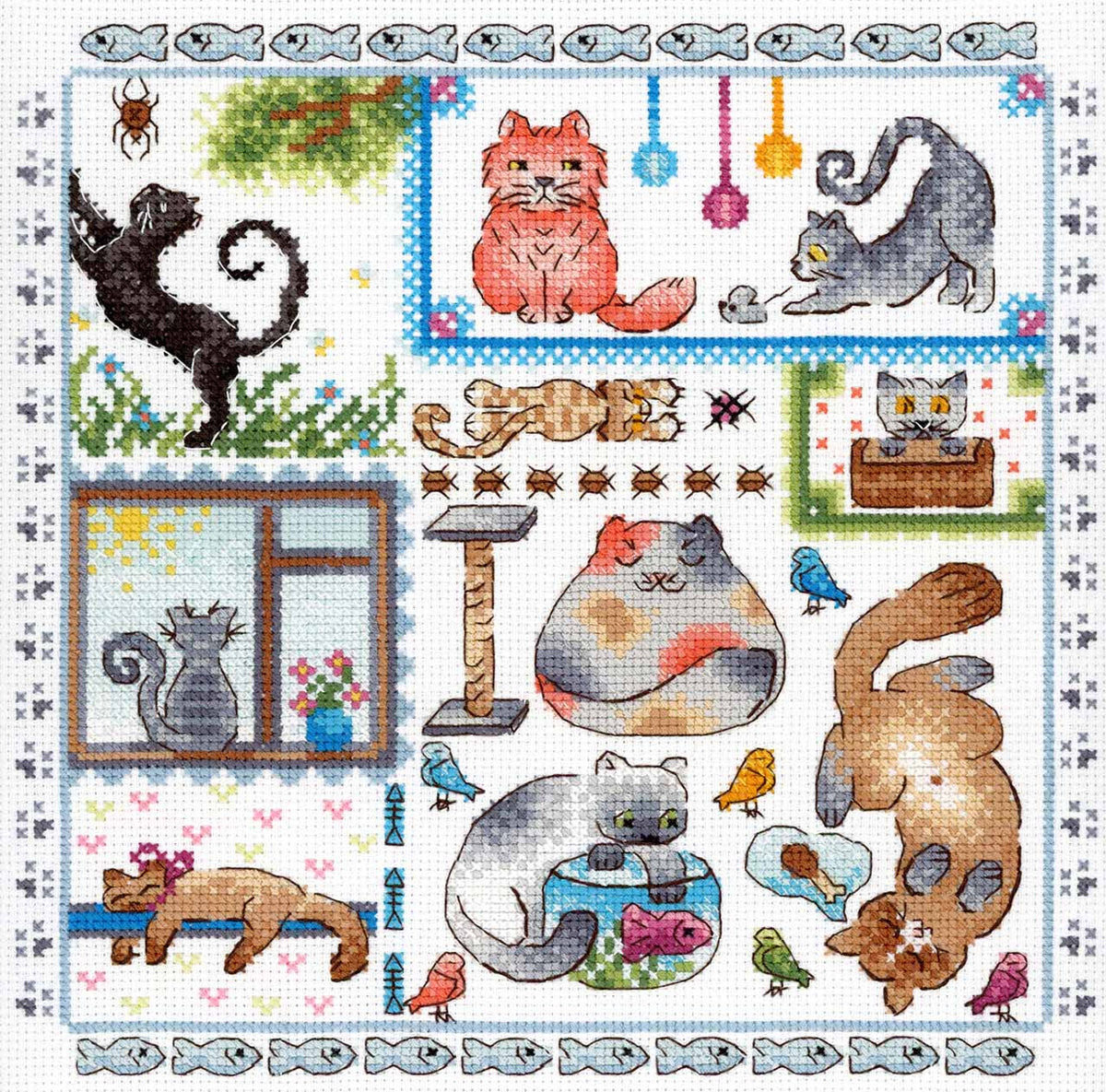 Kit de punto de cruz MP Studia SNV-894 – Sampler. Gatos / Un Paraíso Gatuno 20x20 cm