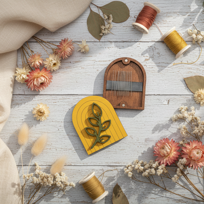 Estuche para agujas Wizardi KF056/111Y Estuche de Madera para Agujas. Boho Amarillo de Wizardi