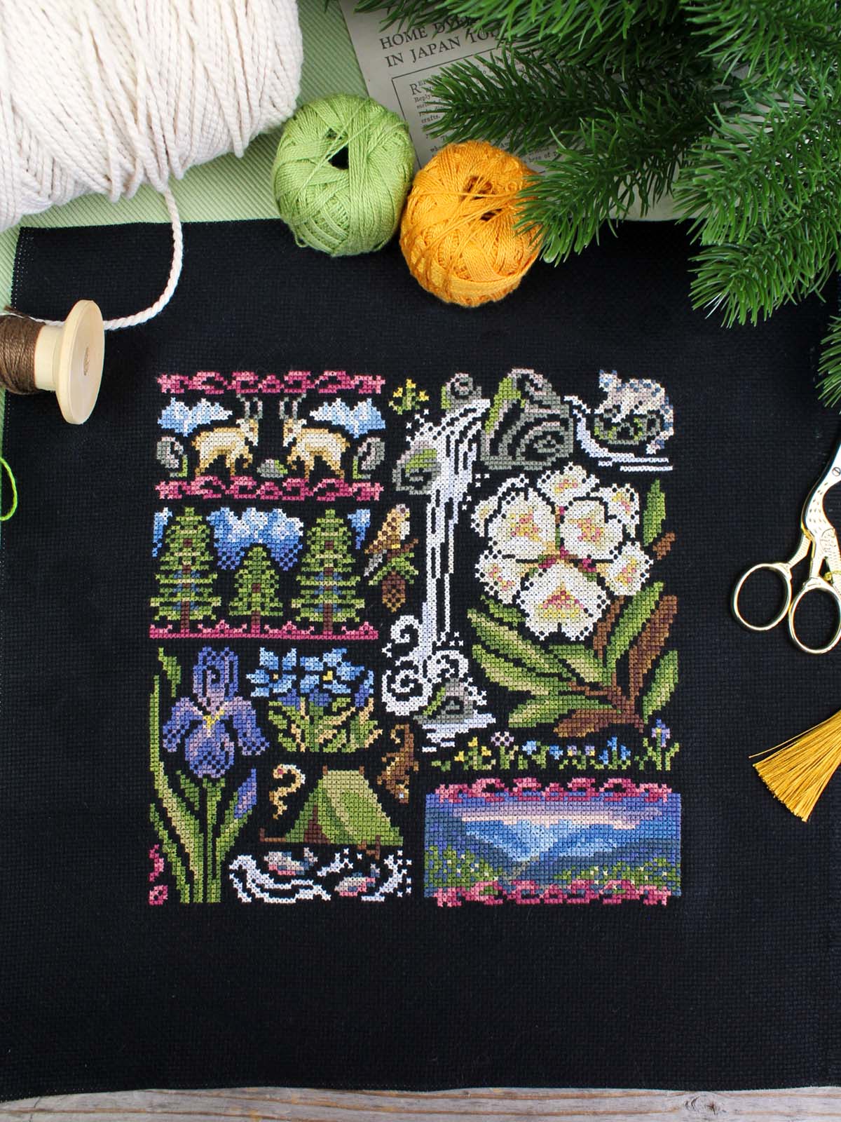 Kit de punto de cruz MP Studia SNV-1030 Sampler Twilight in the Mountains – Atardecer en las Montañas 19x19 cm