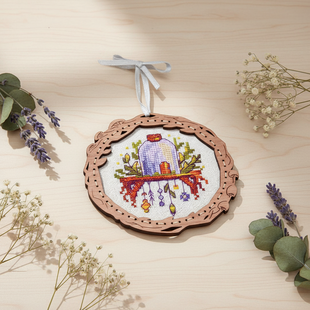 Kit de point de croix avec socle en bois "Miniature. Maison sur une étagère" SO-108