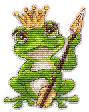 Kit de punto de cruz imán Oven Rana 1713 sobre canvas plástica de 14 ct con diseño de rana verde con corona
